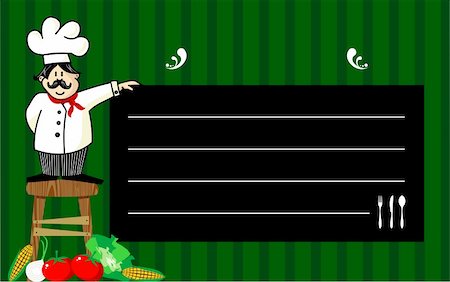 simsearch:400-04393497,k - Funny chef on a wooden bench, holding a blackboard where the recommendations are written daily. Vegetables at left corner. Striped green background. Stock Photo - Budget Royalty-Free & Subscription, Code: 400-04689241
