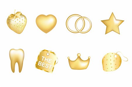 Golden Strawberry, Heart, Wedding Rings, Star, Tooth, Label, Crown and Tag, Isolated On White Photographie de stock - Aubaine LD & Abonnement, Code: 400-04689954