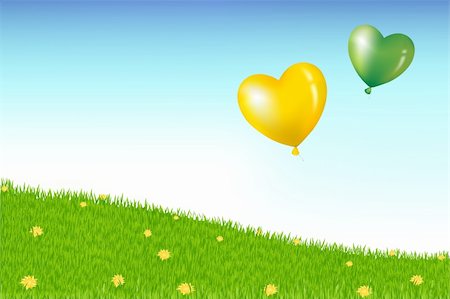simsearch:400-04713054,k - Heart Shape Balloons Above Grass Hill With Yellow Flowers Photographie de stock - Aubaine LD & Abonnement, Code: 400-04689975