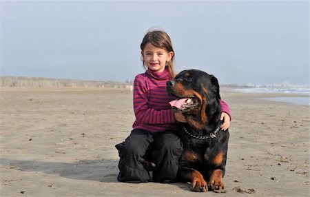 small to big dogs - little girl and her purebred  rottweiler on the beach Photographie de stock - Aubaine LD & Abonnement, Code: 400-04680154