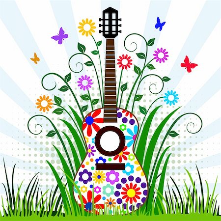 elakwasniewski (artist) - Guitar with flower design in the meadow with flying butterflies, musical instrument background, full scalable vector graphic included Eps v8 and 300 dpi JPG Stock Photo - Budget Royalty-Free & Subscription, Code: 400-04680186