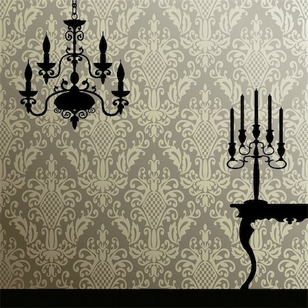 simsearch:400-04362491,k - Damask seamless pattern and interior silhouettes, antique vector background. Full scalable vector graphic included Eps v8 and 300 dpi JPG. Stockbilder - Microstock & Abonnement, Bildnummer: 400-04680201