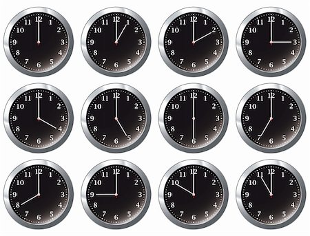 Black office wall clock showing each hour of the day with silver frame Stock Photo - Budget Royalty-Free & Subscription, Code: 400-04680322