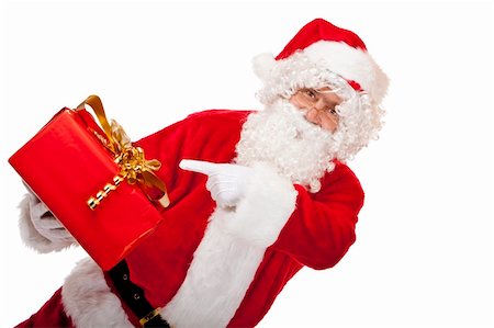 simsearch:400-06639922,k - Closeup of old Santa Claus holding a red Christmas gift in one hand and with other hand he points on the present. Isolated on white. Stock Photo - Budget Royalty-Free & Subscription, Code: 400-04680536