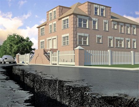 street crack - crack in the road, the sign of an earthquake near the house (3D illustration) Stock Photo - Budget Royalty-Free & Subscription, Code: 400-04680774