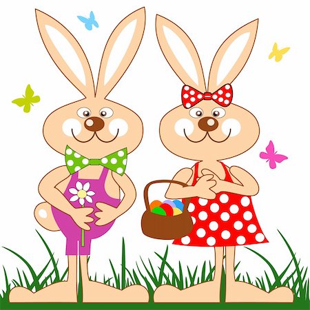 rabbit butterfly picture - Easter bunny family in the grass with basket of eggs. File included Eps v8 and 300 dpi JPG Stock Photo - Budget Royalty-Free & Subscription, Code: 400-04680783