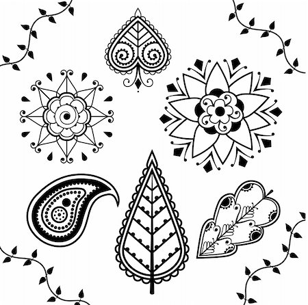 Black and White Indian Henna Design Elements, Isolated on a white background. Stock Photo - Budget Royalty-Free & Subscription, Code: 400-04680811