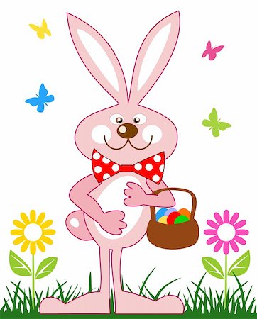 simsearch:400-06073581,k - Pink rabbit easter bunny, rabbit in the grass of a flower field with basket of eggs. File included Eps v8 and 300 dpi JPG Foto de stock - Royalty-Free Super Valor e Assinatura, Número: 400-04681028
