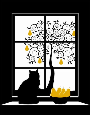 picture of cat sitting on plant - vector background with abstract pear tree outside window, Adobe Illustrator 8 format Stock Photo - Budget Royalty-Free & Subscription, Code: 400-04681531