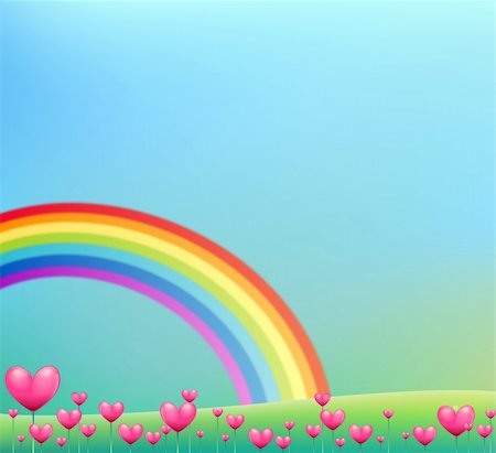 fotosintesi - blue sky with rainbow, pink heart grass on the green lawn Fotografie stock - Microstock e Abbonamento, Codice: 400-04681739