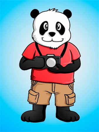 Illustration of a cartoon photographer panda.   This image is a vector illustration and can be scaled to any size without loss of resolution. Included are a .eps and hires jpeg file. You will need a vector editor such as Adobe Illustrator or Coreldraw to use this file.  Each object are grouped and background are on separate layer for easy editing.  All works were created in adobe illustrator. Photographie de stock - Aubaine LD & Abonnement, Code: 400-04694673