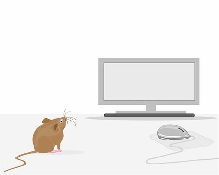 a hand drawn illustration of a house mouse on a desk near a computer and mouse Stock Photo - Budget Royalty-Free & Subscription, Code: 400-04694776