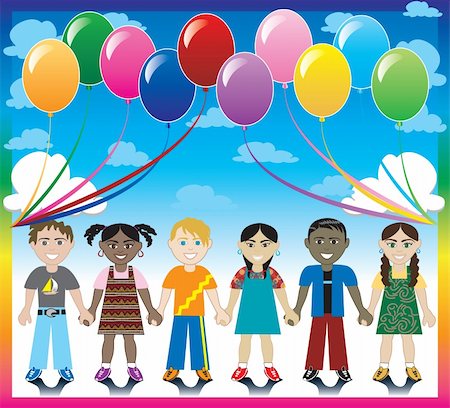 Vector Illustration of 6 happy kids under a rainbow with a colorful background and a place for text or imagery. Stock Photo - Budget Royalty-Free & Subscription, Code: 400-04695034