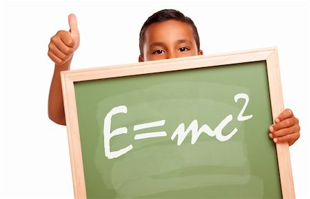 simsearch:614-02762687,k - Proud Hispanic Boy Holding Chalkboard with the Theory of Relativity and Thumbs Up Isolated on a White Background. Stock Photo - Budget Royalty-Free & Subscription, Code: 400-04695262
