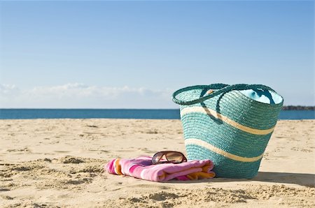 summer beach break - View of bag, towel and sunglasses on the beach. Stock Photo - Budget Royalty-Free & Subscription, Code: 400-04695417