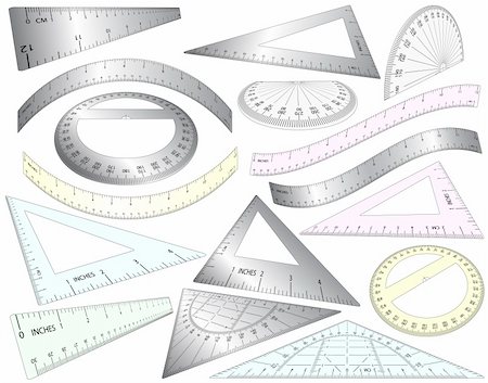 simsearch:400-04206563,k - Set of angled and bent editable vector rulers, set squares and protractors in plastic and metal Stock Photo - Budget Royalty-Free & Subscription, Code: 400-04695560