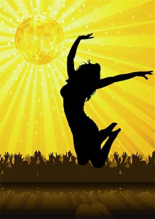 people dancing in night club with arms in air - Disco Party - background illustration, vector Stock Photo - Budget Royalty-Free & Subscription, Code: 400-04695883