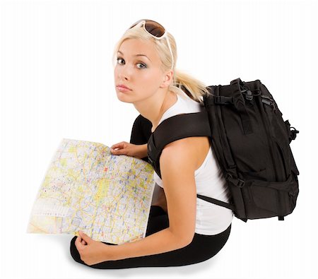 young pretty student girl in vacation with rucksack sitting and looking in camera Stock Photo - Budget Royalty-Free & Subscription, Code: 400-04696653