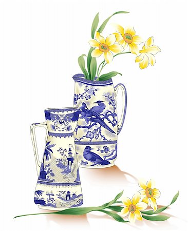 field of daffodil pictures - illustration drawing of beautiful yellow narcissus flower and chinaware in a white background Stock Photo - Budget Royalty-Free & Subscription, Code: 400-04697992