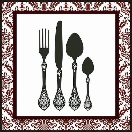 simsearch:400-05671705,k - Vector silhouettes of  fork, spoon and knife with ornaments. Food design. Full scalable vector graphic included Eps v8 and 300 dpi JPG. Stock Photo - Budget Royalty-Free & Subscription, Code: 400-04698232