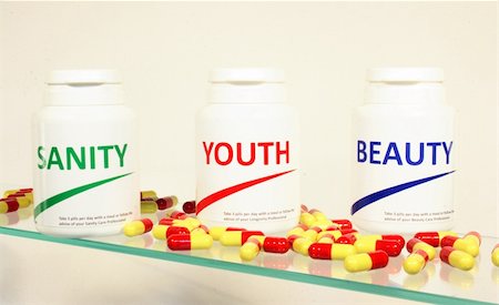 pontuse (artist) - Sanity, Beauty and Youth pills in a bottle on bathroom shelf, fake brands Stockbilder - Microstock & Abonnement, Bildnummer: 400-04698301