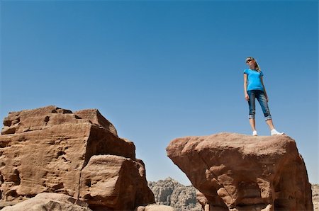 people scenic view sky hiking summer - young woman standing on big rock with blue sky in background Stock Photo - Budget Royalty-Free & Subscription, Code: 400-04698761