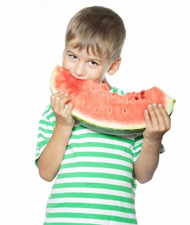 simsearch:400-04979626,k - Boy holding a watermelon isolated on white background Foto de stock - Super Valor sin royalties y Suscripción, Código: 400-04698988
