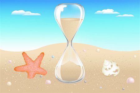 simsearch:622-06548847,k - Glass Sand Clock On Seaside With Starfish, Shell And Pearls Stock Photo - Budget Royalty-Free & Subscription, Code: 400-04690013