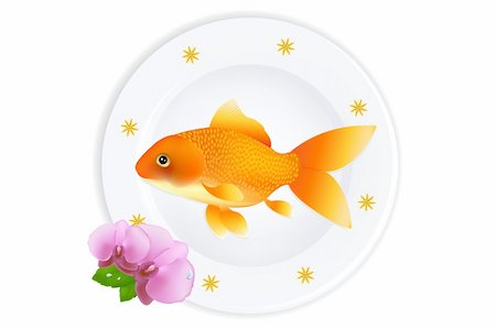 simsearch:400-04689966,k - White Plate With Golden Fish, Golden stars, Flowers and leaves, Isolated On White Photographie de stock - Aubaine LD & Abonnement, Code: 400-04690041