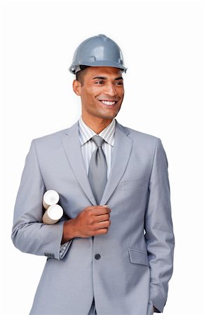 simsearch:400-04616755,k - Young afro-american architect wearing a hardhat against a white background Stock Photo - Budget Royalty-Free & Subscription, Code: 400-04690497