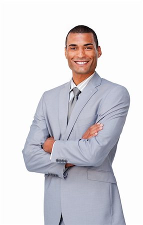 simsearch:400-05677069,k - Attractive afro-american businessman with folded arms against a white background Fotografie stock - Microstock e Abbonamento, Codice: 400-04690590