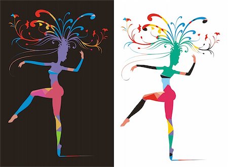 rio carnival - Allegoric silhouette of a graceful dancer with branches of flowers on head, colored in a patchwork aleatory pattern on black and white backgrounds. No gradient fills.Very easy to edit colors. Stock Photo - Budget Royalty-Free & Subscription, Code: 400-04690695