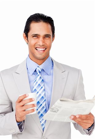 simsearch:400-04849433,k - Smiling businessman driking coffee and reading a newspaper against a white background Stockbilder - Microstock & Abonnement, Bildnummer: 400-04690827