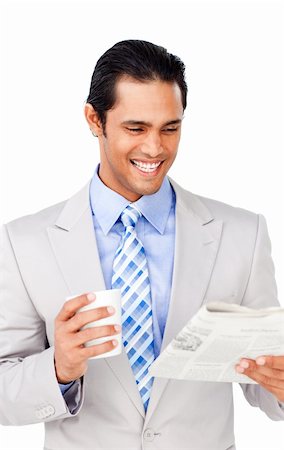 simsearch:400-04335708,k - Attractive asian businessman driking coffee and reading a newspaper isolated on a white background Foto de stock - Super Valor sin royalties y Suscripción, Código: 400-04690828