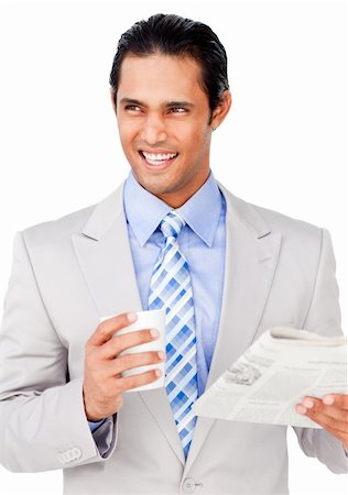 simsearch:400-04335708,k - Confident businessman driking coffee while reading a newspaper isolated on a white background Foto de stock - Super Valor sin royalties y Suscripción, Código: 400-04690829