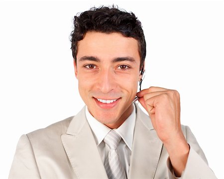 simsearch:400-04119293,k - Young customer service representative using headset against a white background Fotografie stock - Microstock e Abbonamento, Codice: 400-04690857