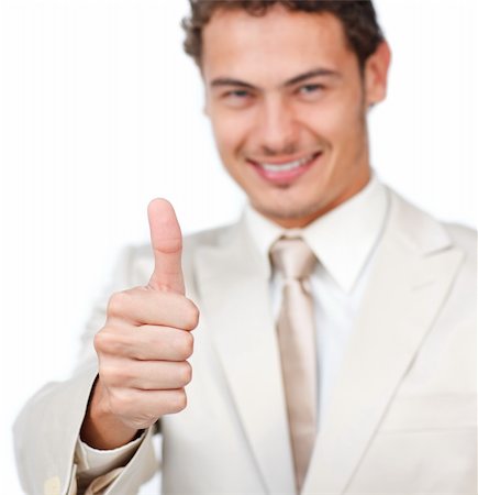 simsearch:400-05898224,k - Close-up of a smiling businessman with thumb up isolated on a white background Foto de stock - Royalty-Free Super Valor e Assinatura, Número: 400-04691255