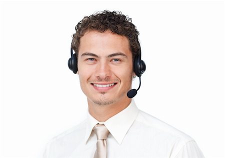 simsearch:400-05718346,k - Attractive businessman with headset on against a white background Foto de stock - Super Valor sin royalties y Suscripción, Código: 400-04691250