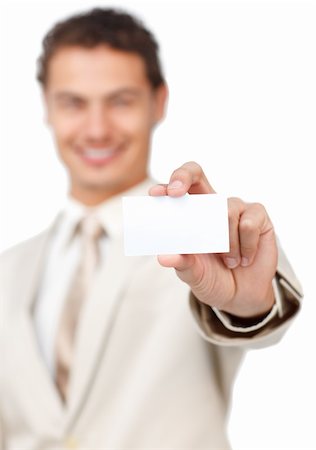 simsearch:400-05718318,k - Businessman holding a white card against a white background Foto de stock - Super Valor sin royalties y Suscripción, Código: 400-04691267