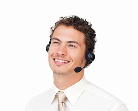 simsearch:400-05718346,k - Hispanic customer service agent with headset on against a white background Foto de stock - Super Valor sin royalties y Suscripción, Código: 400-04691269