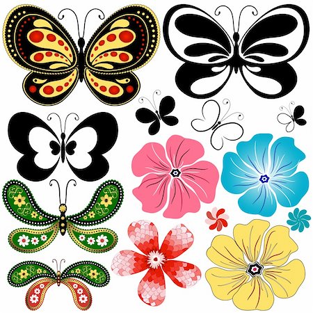 simsearch:400-04691374,k - Définir le travail manuel abrégé papillons et des fleurs pour la conception sur fond blanc (vecteur) Photographie de stock - Aubaine LD & Abonnement, Code: 400-04691383