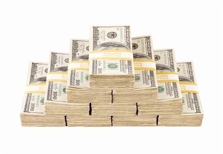 simsearch:400-06390365,k - Stacks of Ten Thousand Dollar Piles of One Hundred Dollar Bills Isolated on a White Background. Foto de stock - Super Valor sin royalties y Suscripción, Código: 400-04691588