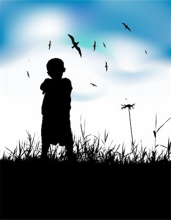 simsearch:400-05372701,k - Little boy on summer field, silhouette on blue sky Stock Photo - Budget Royalty-Free & Subscription, Code: 400-04691839