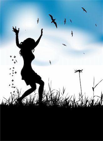 silhouettes of running black girl - Young woman dancing on summer meadow Stock Photo - Budget Royalty-Free & Subscription, Code: 400-04691854