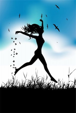 silhouettes of running black girl - Young woman running on summer meadow Stock Photo - Budget Royalty-Free & Subscription, Code: 400-04691850