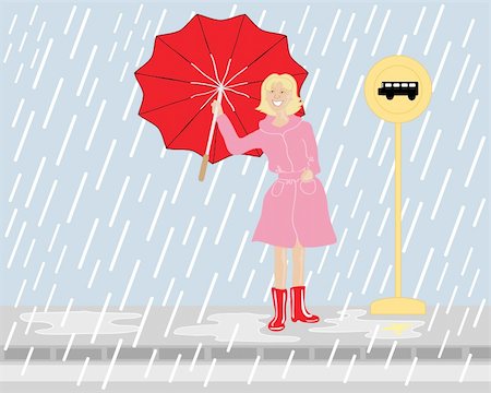 raincoat illustration - a hand drawn illustration of a woman waiting at a bus stop near a road in the rain with a bright red umbrella Photographie de stock - Aubaine LD & Abonnement, Code: 400-04692249