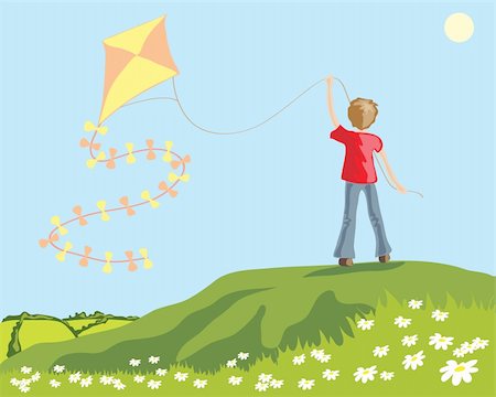 passtime - a hand drawn illustration of a young boy flying a kite on a hillside with daisies and a green landscape Stock Photo - Budget Royalty-Free & Subscription, Code: 400-04692552