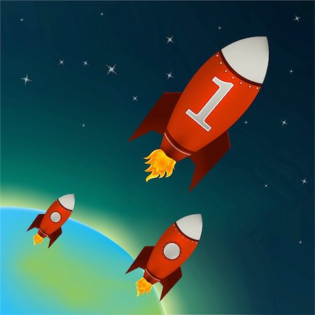 rocket cartoons - Illustration of a retro rocket ships flying throw outer space Stock Photo - Budget Royalty-Free & Subscription, Code: 400-04692640