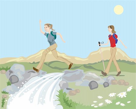 sun stream - a hand drawn illustration of a hilly landsape with a mountain stream and two women enjoying a hike in the countryside under a blue sky Foto de stock - Super Valor sin royalties y Suscripción, Código: 400-04693125
