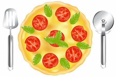 simsearch:400-04302812,k - Freshly Baked Pizza With Tomatoes, Basil And Black, With Pizza Spatula And Pizza Cutter, Isolated On White Fotografie stock - Microstock e Abbonamento, Codice: 400-04693300